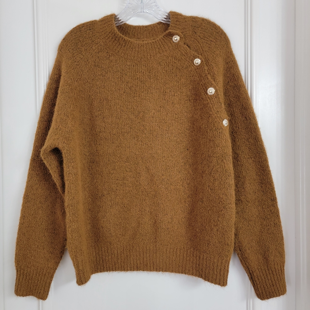 Brown Wool Blend Womens Sweater Crewneck Shoulder Button-Detail Oversized . Sz-S